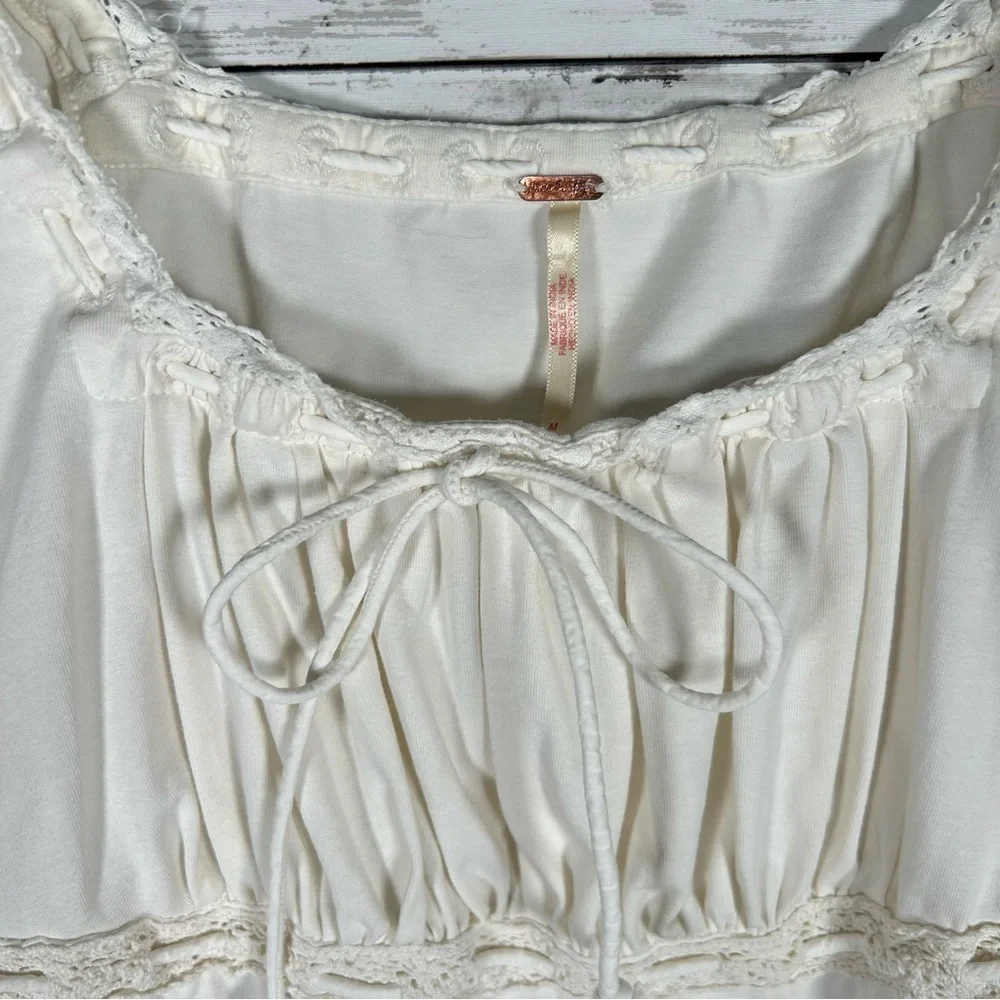 Free People Scarlet Smocked Crop Milkmaid T-shirt Knit Ivory Long Sleeve Top M